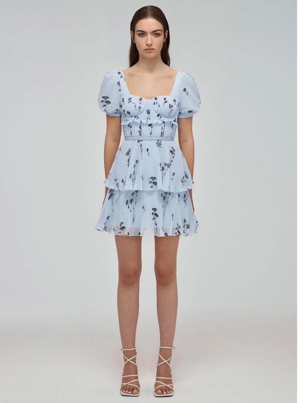 NWT Self-Portrait Light Blue Floral Puff-Sleeve Tiered Mini Dress